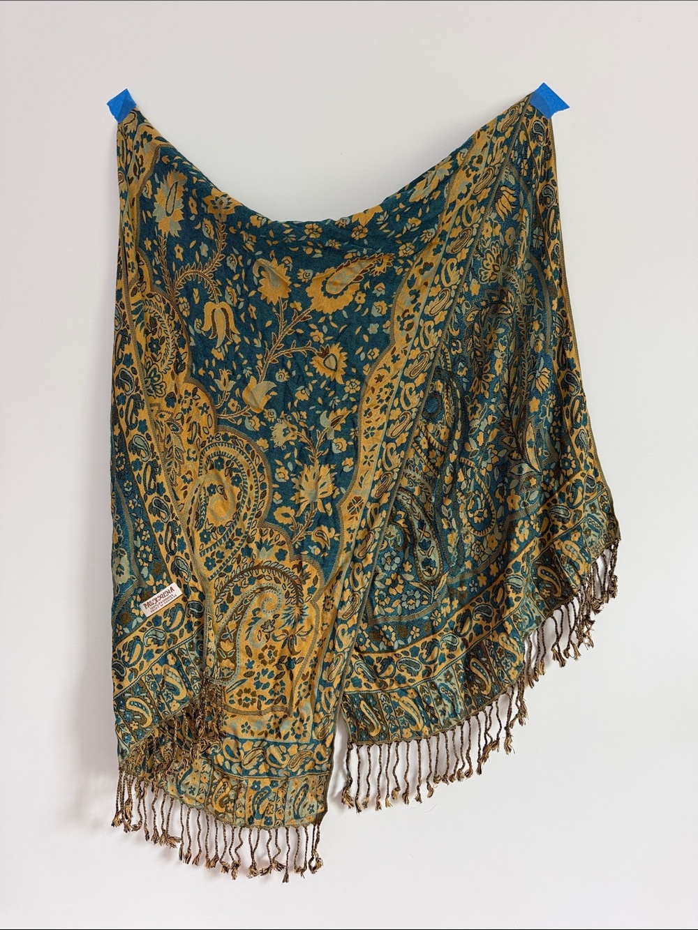Teal and Mustard Paisley Fringe Shawl 100% Pashmina